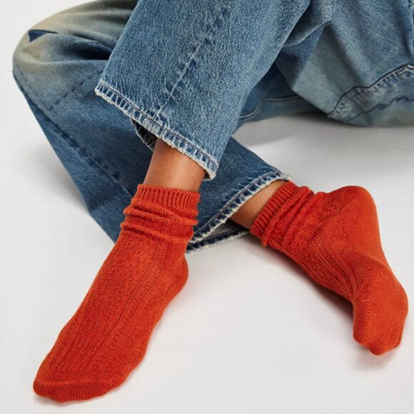 FREE PEOPLE Essential Socks Sock Cotton Cable Knit Terracotta OS - Picture 1 of 4